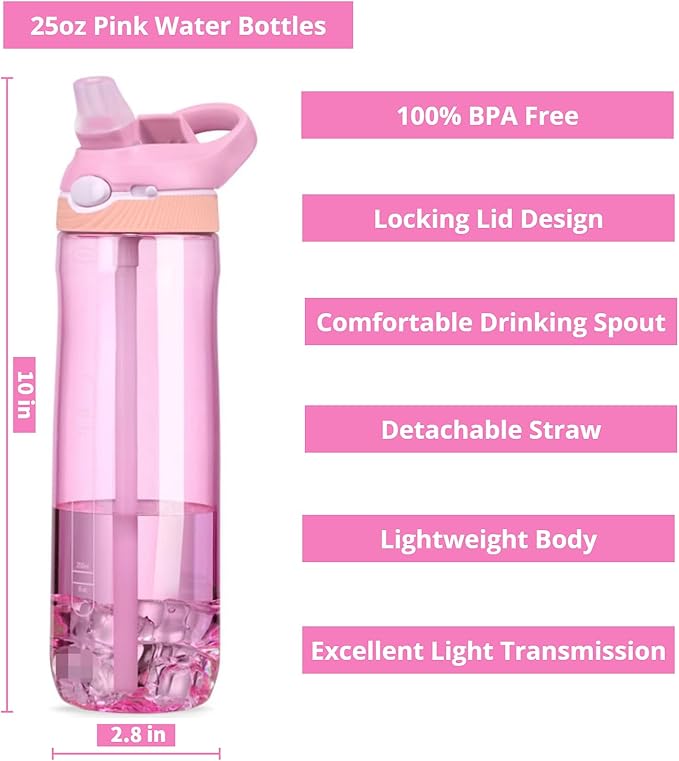 25oz Pink Water Bottle with Clip Handle and Locking Lid, Reusable Travel Tritan Water Bottle with Straw and Sports Plastic Water Bottle - Pink