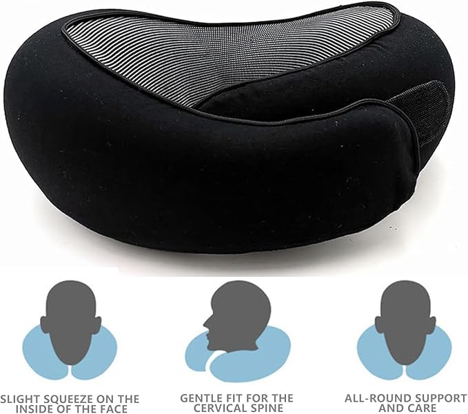 2024 Memory Foam Neck Pillow 360 Degree Neck Support Travel Pillows for Airplanes and Long Flight Travel Neck Pillow (Black-with Strap)