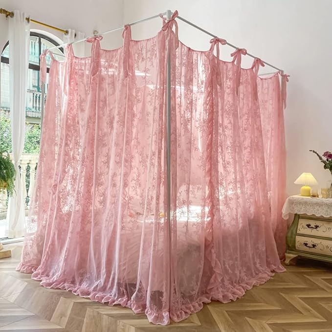 Mengersi Canopy Bed Curtains with Tie Backs,Princess Bed Canopy Curtains Bed Drapes Sheer Curtains for Bedroom Decor（Full,Pink