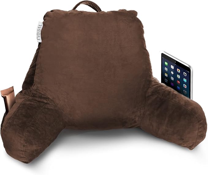 Nestl Reading Pillow for Kids, Small Bed Pillow, Back Pillow for Sitting in Bed, Memory Foam Chair Pillow, Reading & Bed Rest Pillows, Chocolate Brown Back Pillow for Bed, Arm Pillow with Pockets