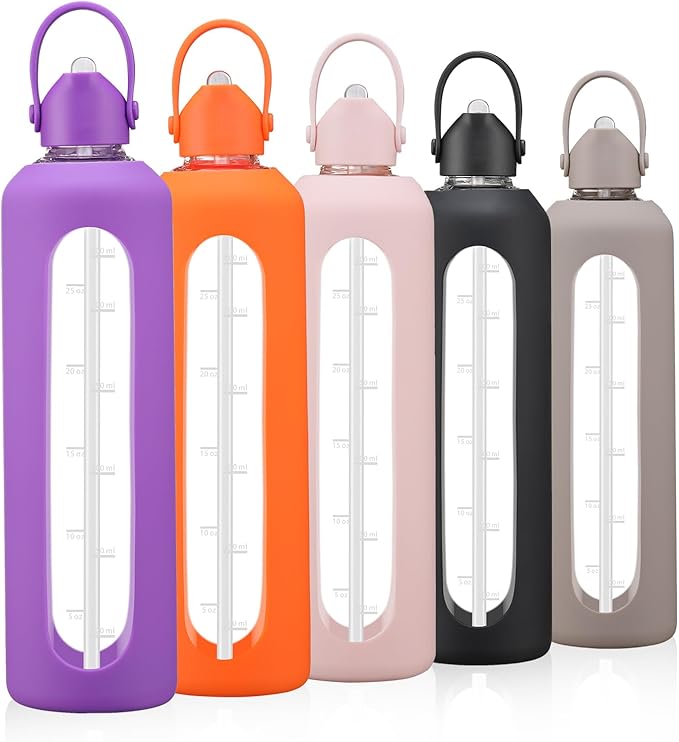 32 oz Glass Water Bottles with Straw Borosilicate Glass Water Bottle with Time Marker Motivational Water Bottles with Silicone Sleeve Leak Proof Reusable BPA Free