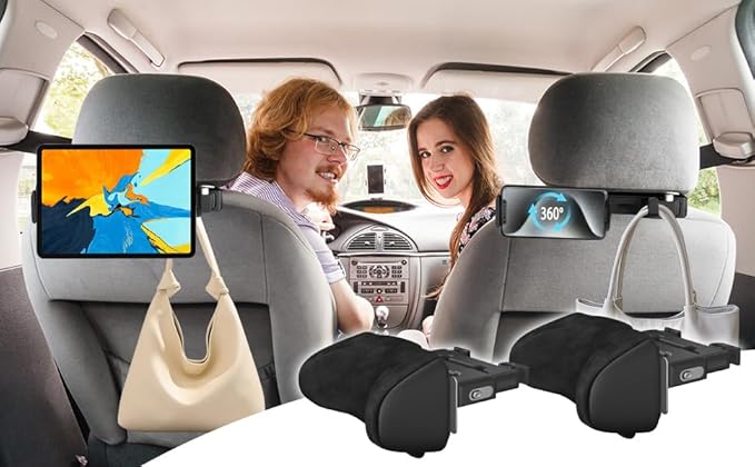Car Headrest Pillow 2 Pack Car Neck Pillow for Driving Seat Head Support Memory Foam Auto Car Pillow Neck Adjustable Support for Front Seat Fit for Different Heights, with Hook, Tablet Holder