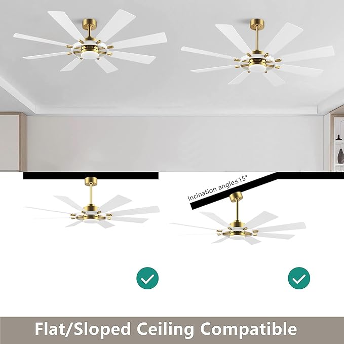 60" Ceiling Fan with Lights and Remote Control, Wood 8 Blades 6-Speed Noiseless Reversible DC Motor, Modern Large Ceiling Fan for Office Bedroom Dining Living Room, Gold Finish+White
