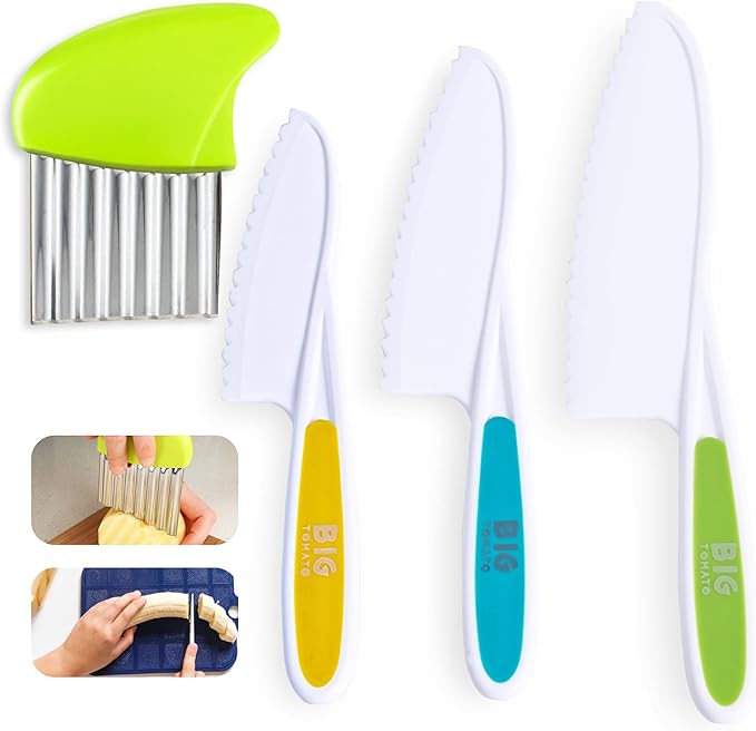 Toddler Knife Set for Real Cooking 4-Pcs Nylon Kids Knife Set with Crinkle Cutter - Kid Safe Knives in 3 Sizes for Cutting Fruit, Lettuce and Bread - Serrated Edges, Firm Grip