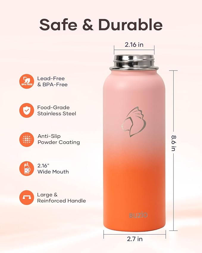 40oz Insulated Water Bottle, BUZIO Stainless Steel Water Flask with Straw Lid and Carrying Pouch, Keep Cold 48h Leak Proof Lead-Free Double Wall Vacuum Thermo Tumbler Sport Metal Canteen, Orange