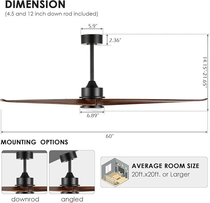 WINGBO 60 Inch DC Ceiling Fan with Lights and Remote Control, 3 Reversible Carved Wood Blades, 6-Speed Noiseless DC Motor, Modern Ceiling Fan in Matte Black Finish with Walnut Blades