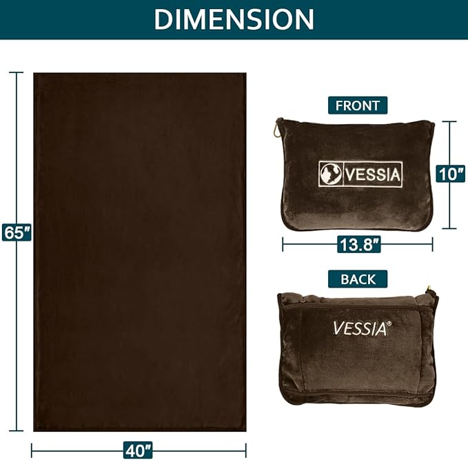 Vessia Travel Blanket for Airplane, Train and Car, Warm and Soft Travel Blanket in Bag for Adults and Kids, Portable Compact Long Flight Blanket with Luggage Sleeve, Backpack Clip(Brown)