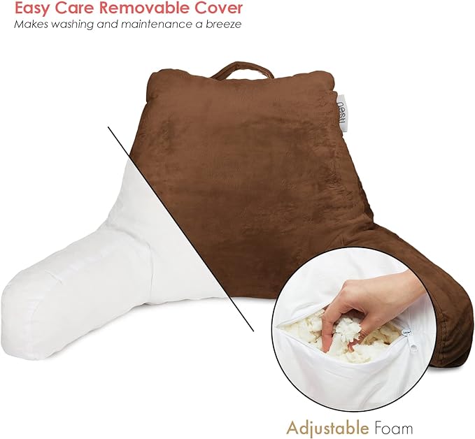 Nestl Reading Pillow Standard Bed Pillow, Back Pillow for Sitting in Bed Memory Foam Chair Pillow, Reading & Bed Rest Pillows Chocolate Brown Back Pillow for Bed, Bed Chair Arm Pillow with Pockets