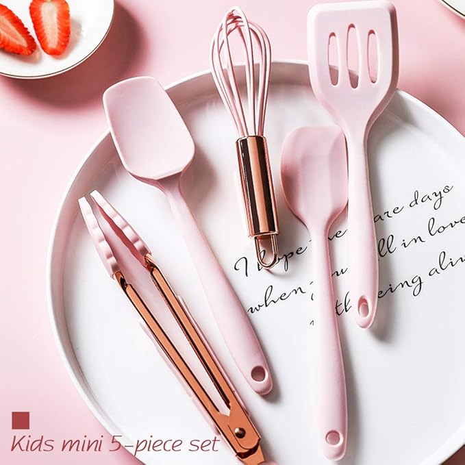 Rose Gold and Pink Kitchen Utensil Small Five-Piece Set Mini Silicone Kids Kitchen Tools Whisk Spatula Tongs Spoon and Slotted Spatula(Kids Baking Supplies)
