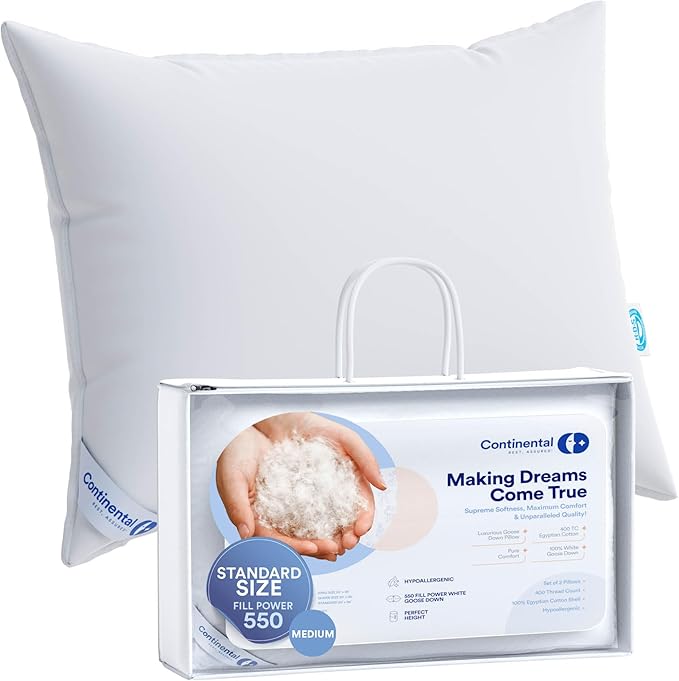 Continental Bedding Medium Standard Pack of 1 100% White Down Pillows 20oz 550FP Hotel Down Pillows for Supporting Back Side and Stomach Sleepers