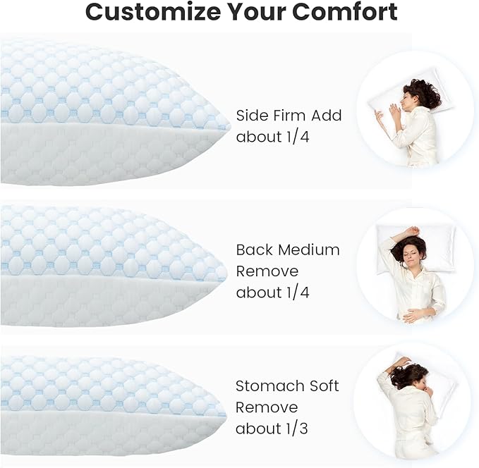 Shredded Memory Foam Pillows for Sleeping Side Sleeper Pillow Support Adjustable Bed Pillow Standard Pillow with 2 Extra Fill Blue