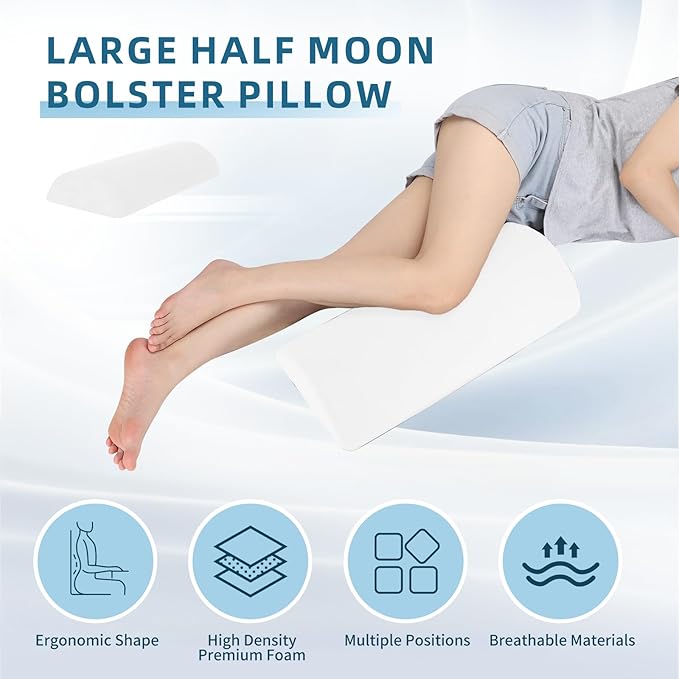 Under Knee and Leg Pillow for Back Sleeping - Half Moon Bolster Pillow for Lower Back and Head, Semi Roll Round Lumbar Support Pillow for Side, Back, Stomach Sleepers (White)