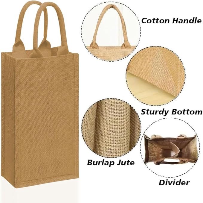 2Pack Jute Burlap Double Bottle Wine Tote Bags with Soft Cotton Handles Reusable for Wedding, Parties,Birthdays