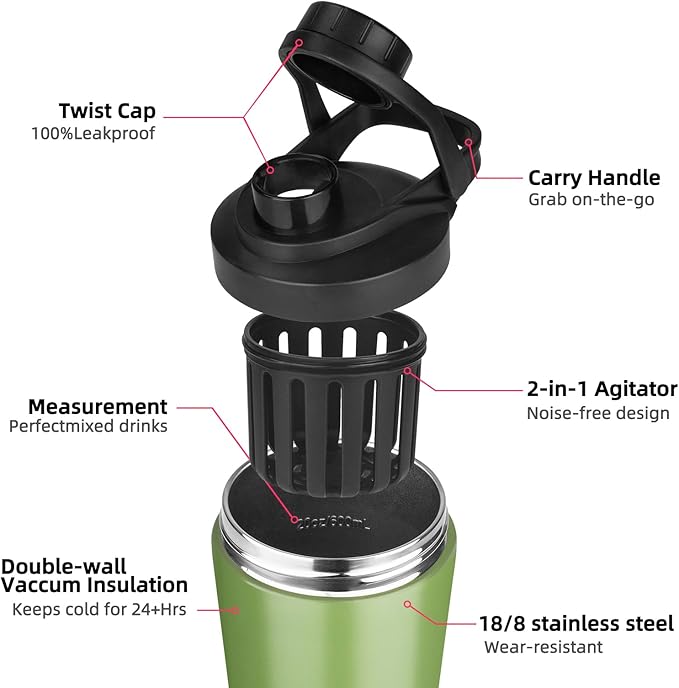 24 oz Shaker Bottle,Stainless Steel Shaker Bottle with Noise-Free Design,Insulated Metal Shakers Bottles Cup for Protein Mixes and Pre Workout,Gym Shaker Bottle(Green)
