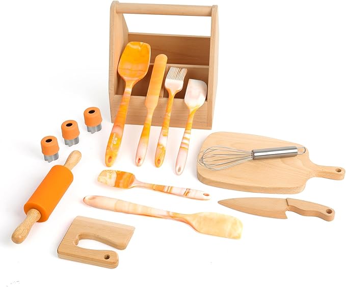 G.a HOMEFAVOR Kids Cooking & Baking Set: 16 Pcs Little Chef Cooking Utensils Kitchen Set with Gourmet Cooking Box, Foldable Chef Hat Apron, Gifts for Girls Boys Juniors(Orange)