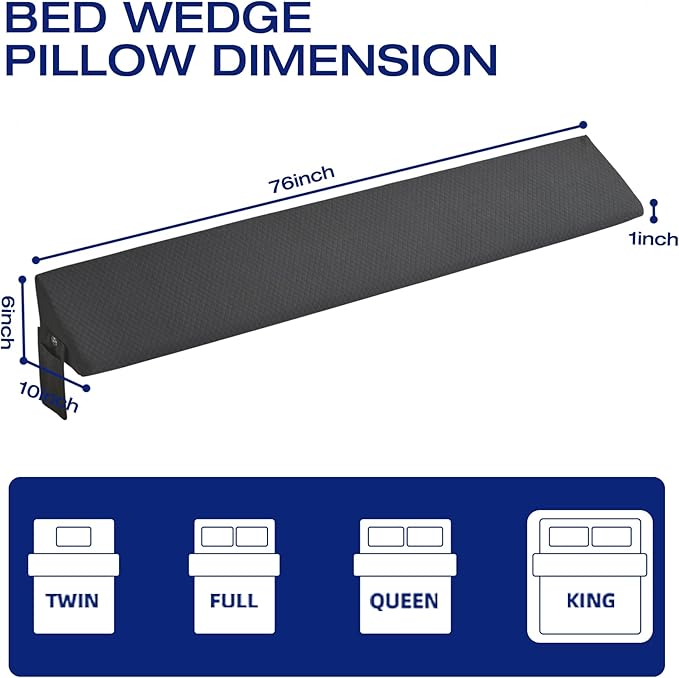 King Size Wedge Pillow for Headboard Gap Filler Nora Pillow Wedge Long Wedge Pillow for King Size Bed Gap(0-8") Between Mattress and Headboard Grey 76"x10"x6"