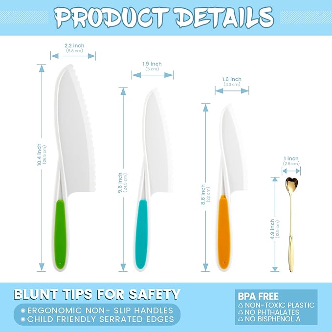 Childrens Knife Set, Kids Children Knives Safe Cooking Firm In 3 Sizes Colors Real Fit Beginners Nylon Fruit Sandwich Salads Vegetables Cakes Kid Friendly Sturdy Love Spoon 4Pack