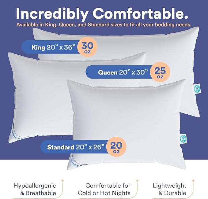 Continental Bedding P550medS2 Sleeping Bed Pillow, Standard (Pack of 2), White 2 Count