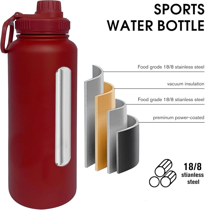 40oz Insulated Water Bottle ，Stainless Steel Sports Water Cup Flask with 2 Lids, Wide Mouth Travel Thermal Mug,Outdoor Sports Bottle（Deep red）