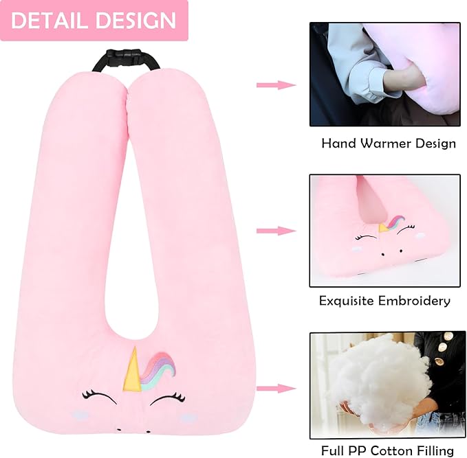 Kids Travel Pillow for Car Seat with Hand Muff, Soft Neck & Headrest Pillow for Car Road Trips Long-Distance Travel Sleeping Pillow for Adults and Children, Pink Unicorn