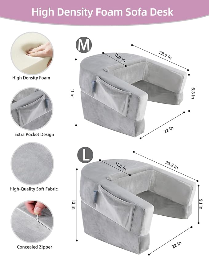 Weighted Idea Reading Pillow for Gaming, Meduim Gaming Pillow for Adult，Table Pillow with 2 Side Pockets for Gaming, Reading, Working Sitting in Bed Floor Sofa (Grey)