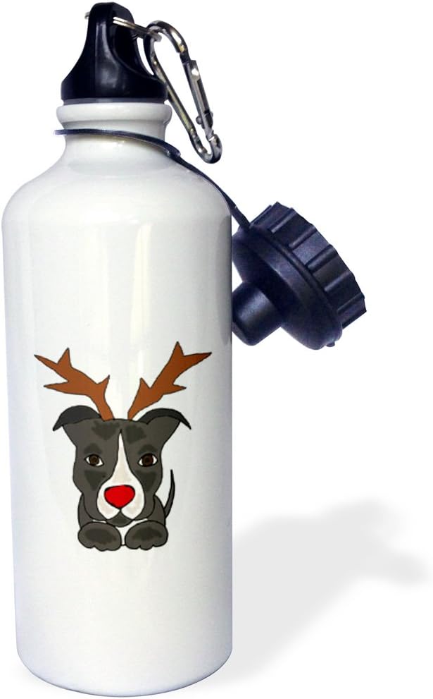 3dRose "Funny Pitbull Dog Dressed as Rudolph Red Nosed Reindeer" Sports Water Bottle, 21 oz, White