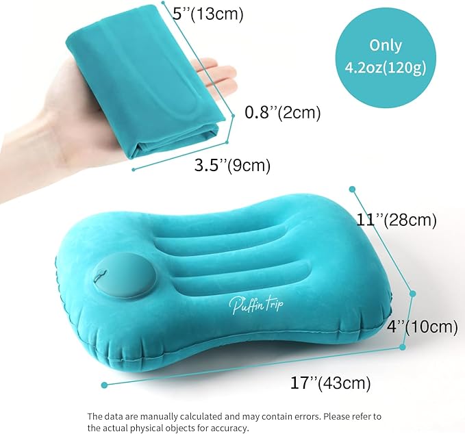 Ultralight Inflatable Travel Pillow Press to Inflate Compressible Ergonomic Neck and Lumbar Support While Camping Driving Sleeping Peacock Blue
