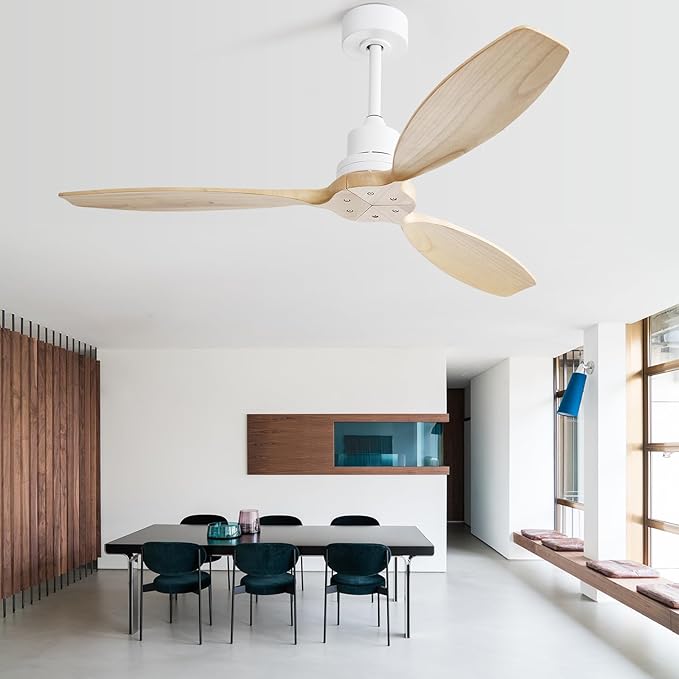 Sofucor 52" Ceiling Fan no Light with 3 rods, Outdoor Ceiling Fan without Light, Modern Ceiling Fan with Remote and Quiet Energy Saving Motor, 6 Speeds, Light Wood Blade & White Downrod