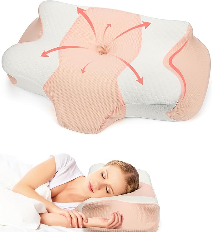 Cervical Pillow for Neck Pain Relief, Memory Foam Pillow for Sleepin, Ergonomic Contour Pillows, Orthopedic Pillow with Washable Pillowcase, for Side Back Stomach Sleepers (Pink)