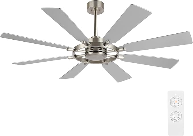 60 Inch Ceiling Fan without Lights, Wood 8 Blades 6-Speed Noiseless Reversible DC Motor, Modern Large Remote Control Ceiling Fan for Bedroom Dining Living Room, Nickel Finish+Silver