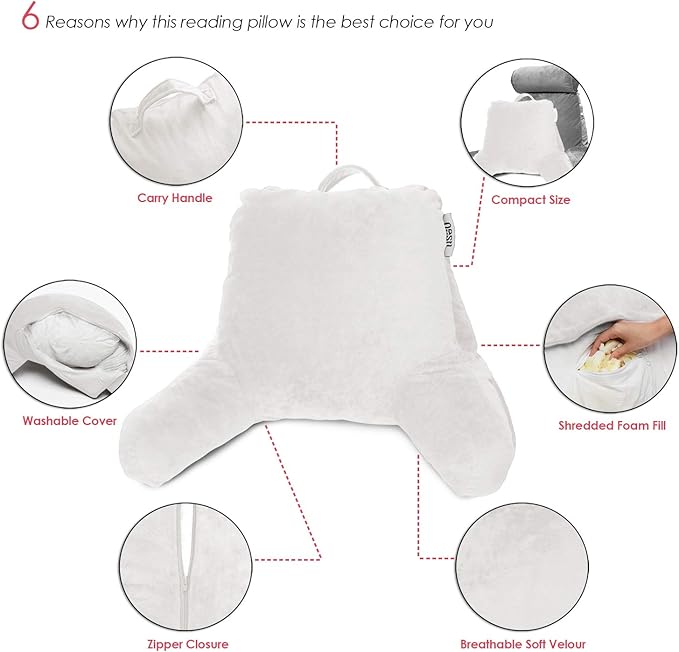 Nestl Reading Pillow Standard Bed Pillow, Back Pillow for Sitting in Bed Shredded Memory Foam Chair Pillow, Reading & Bed Rest Pillows White Back Pillow for Bed, Bed Chair Arm Pillow with Pockets