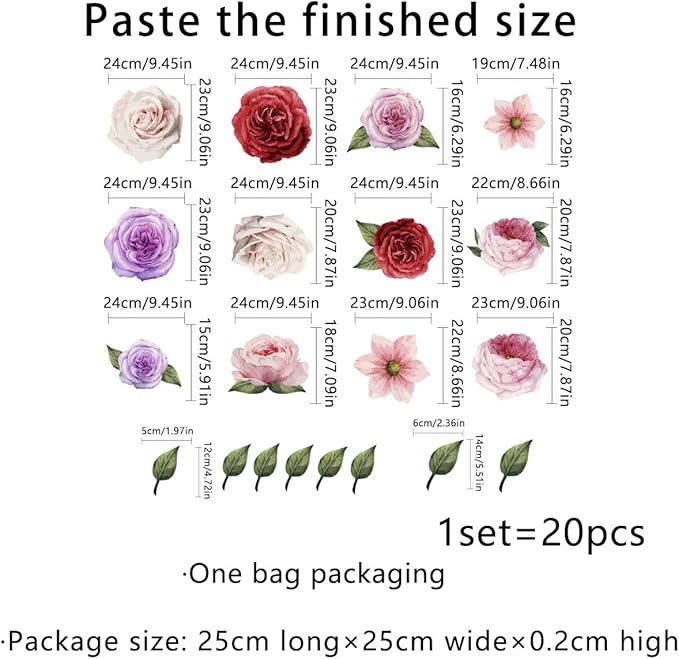 20 Pieces Flowers Wall Decals Vinyl Non-Glue Wall Stickers Removable Floral Wall Murals Self-Adhesive Colorful Flower Wall Decor for Girls Bedroom Living Room Nursery