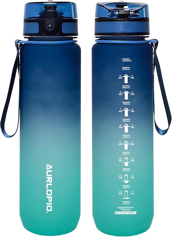 32oz/1L Water Bottle, Sports Water Bottle with Times to Drink & Lock Cover+Strainer,BPA-Free, Leakage Proof, Sports Drink Bottle for Bicycle, Outdoor, Gym, School, Reusable Daily(Blue-green)