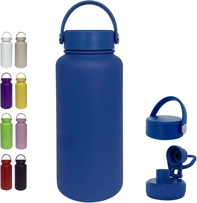 32oz Insulated Water Bottle ，Stainless Steel Sports Water Cup Flask with 2 Lids, Wide Mouth Travel Thermal Mug,Outdoor Sports Bottle（Dark Blue）