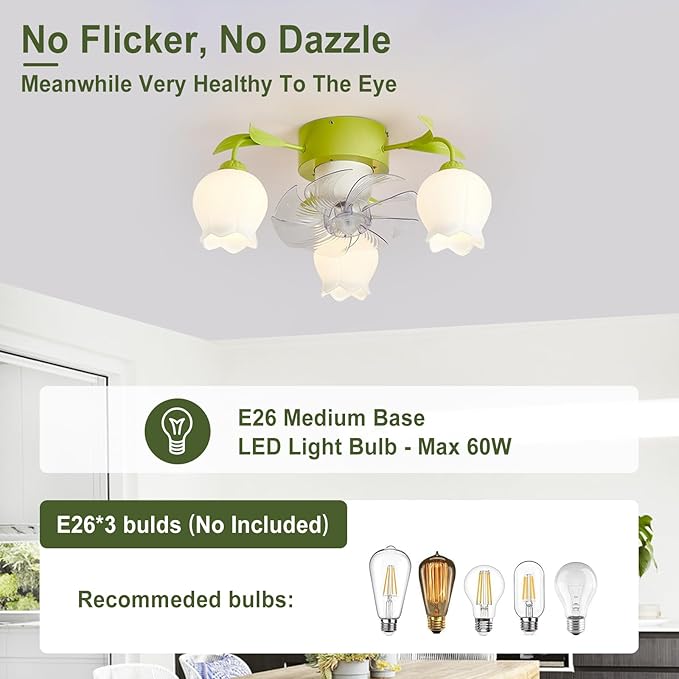 Flower Ceiling Fan with Light: Green Flower Fan Lights for Girls Bedroom - Flush Mount Fandelier for Living Room - 3-Light Modern Chandelier with Fan for Home Decor Enthusiasts