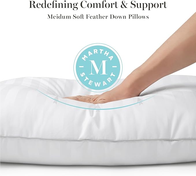 MARTHA STEWART Hotel Collection Meidum Soft Feather Down Pillows 100% Cotton 500 Thread Count Damask Stripe Embroidered, Queen Size Set of 2, White 2