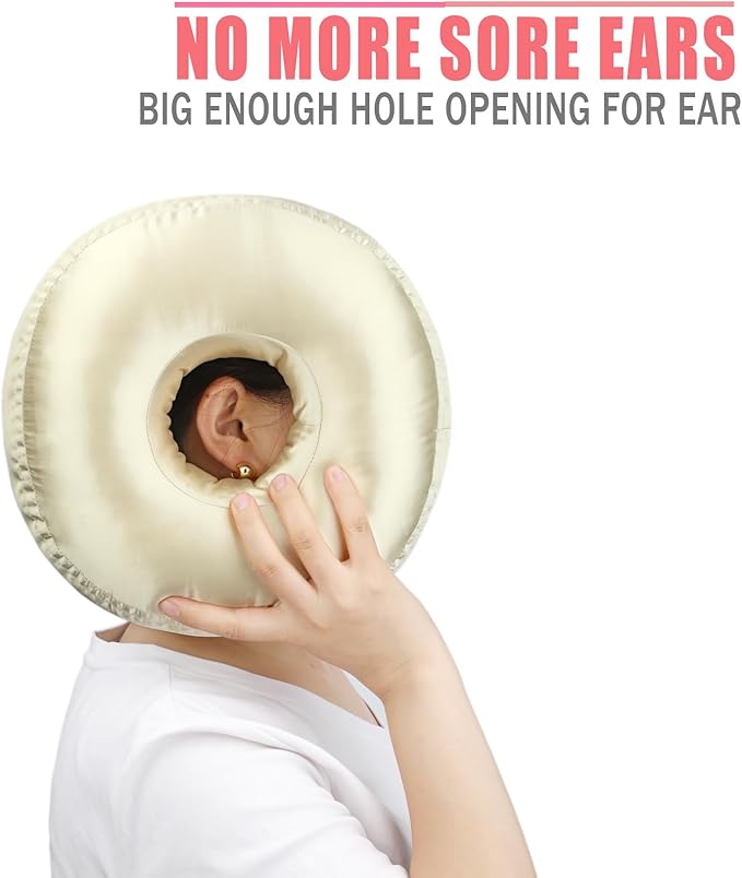 Satin Ear Piercing Pillow Removable Cover Luxury Cnh Pillow with Ear Holes for Ear Pain Side Sleepers Washable Large Donut Pillows Head Neck Support Champagne