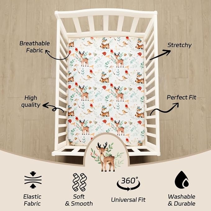 4 Pack Woodland Forest Animals Wood Neutral Unisex Fitted Baby Crib Sheets Set for Baby Boys or Girls (Beer, 52 * 28)