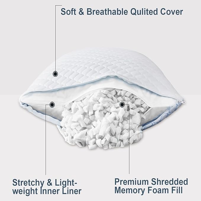 Uniqwamer Cooling Bed Pillows for Sleeping 2 Pack Shredded Memory Foam Adjustable Pillows Standard Size Set of 2 for Side Back Sleepers - Luxury Extra Comfy Gel Pillows with Washable Removable Cover