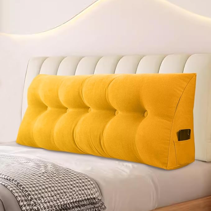 Large Triangular Headboard Pillows Long Backrest Positioning Support Bolster Cushion for Daybed Fluffy Quality Plush Body Wedge Pillow with Removable Cover(Light yellow-King-76x8x20in)