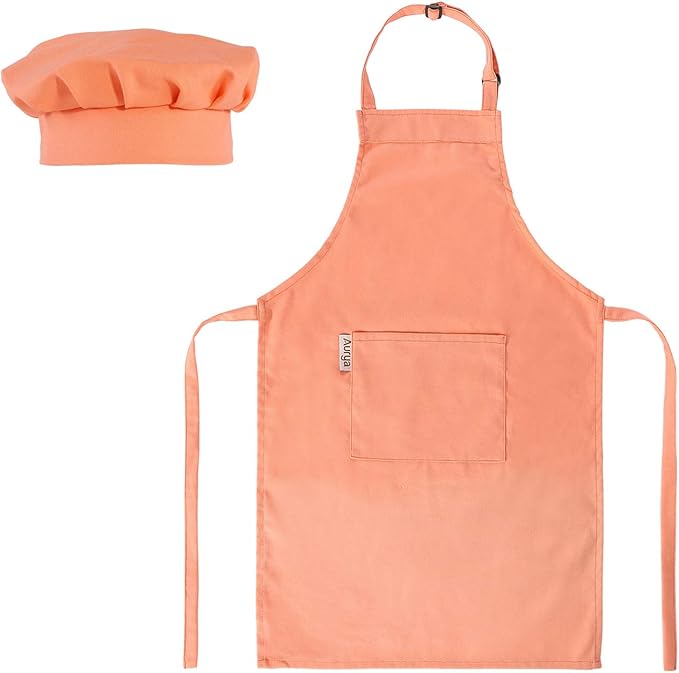 Kids Apron and Chef Hat Set-Adjustable Child Apron for Boys and Girls for Cooking Baking Light Orange