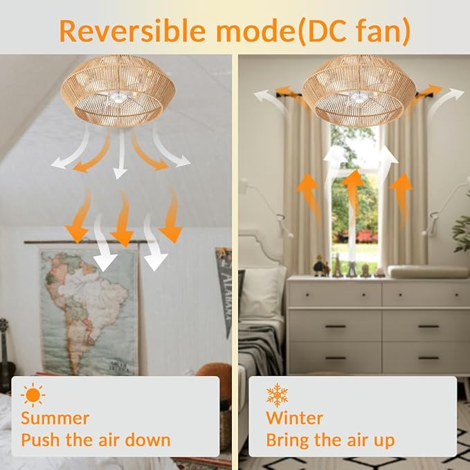 Small 20" Boho Reversible DC Ceiling Fan with Light Fixture and Remote Control, Enclosed Cage Flush Mount Caged Low Profile Fandelier for Nursery Office Dining Room Indoor Kitchen Bedroom