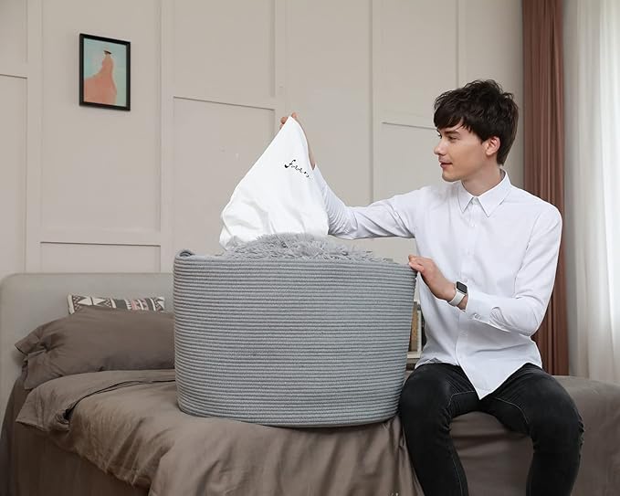 24" x 24" x 17" Max Size Large Cotton Rope Basket, Extra Large Storage Basket, Woven Laundry Hamper, Cloth Storage Bin, for Blankets Clothes Towels Pillows in Living Room, Full Grey