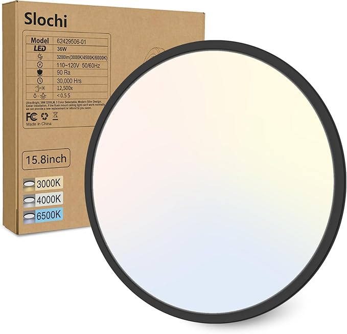 slochi 15.8 Inch Flush Mount LED Ceiling Light Black, 36W Ultra Thin LED Ceiling Light, 3000K/4000K/6500K 3 Color Temperature Low Profile Ceiling Light Fixtures for Kitchen Living Room Bedroom