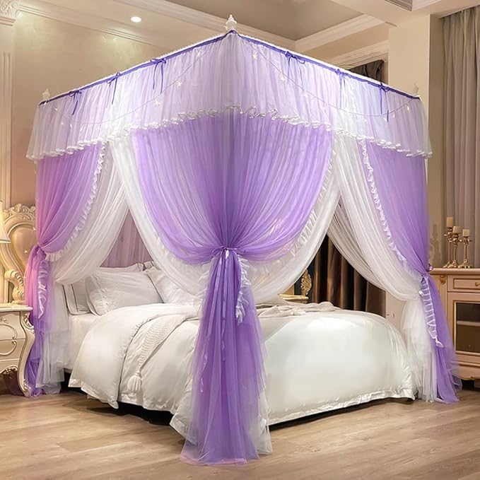 Mengersi Canopy Bed Curtains with Lights,4 Corner Bed Canopy Royal Luxurious Bed Drapes Netting,Princess Bed Curtains for Girls Adults Bedroom Decoration (Purple, Twin)