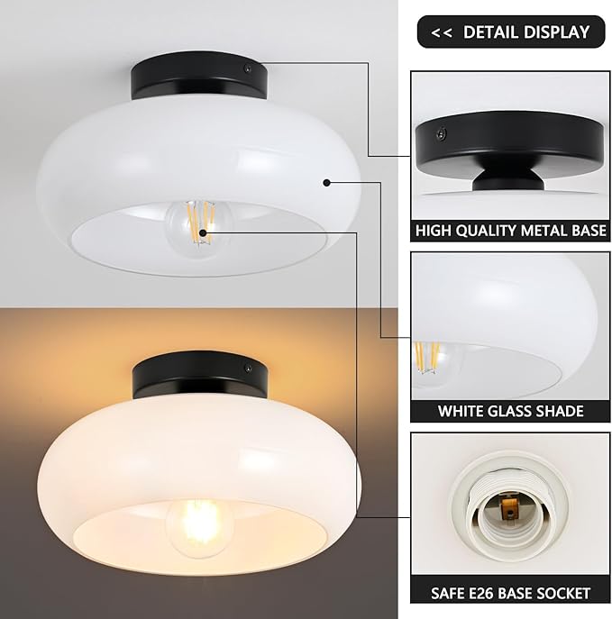 Mid-Century Modern Semi Flush Mount Ceiling Light, Metal Kitchen Light Fixture with Glass Shade,Vintage White and Black Colse to Ceiling Lamp for Entryway Hallway Bathroom (8.66 Inch)