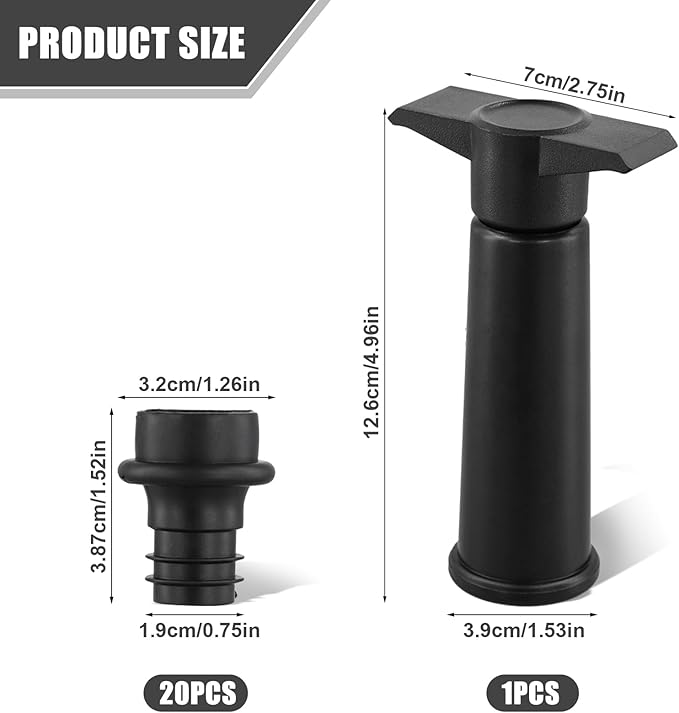 20pcs Vacuum Wine Bottle Stoppers & A Wine Preserver Saver Vacuum Pump, Silicone Leak Proof Wine Sealer Cap Topper Cover Plug Fit for All Standard Sparkling Wine Bottles Accessories