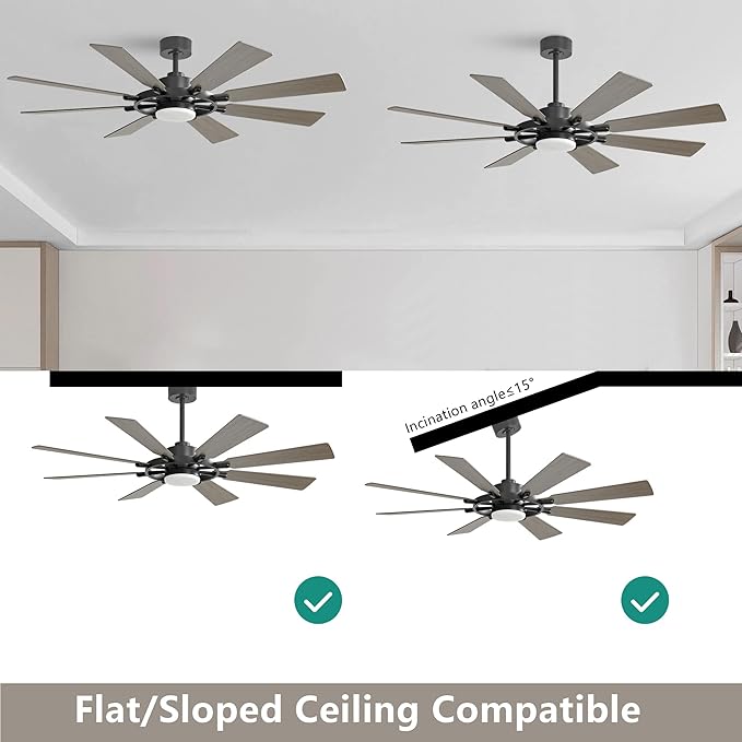 72" Ceiling Fan with Lights and Remote Control, Wood 8 Blades 6-Speed Noiseless Reversible DC Motor, 3 Downrods, Modern Ceiling fan for Office Porch Bedroom Dining Living Room, Black+Wood