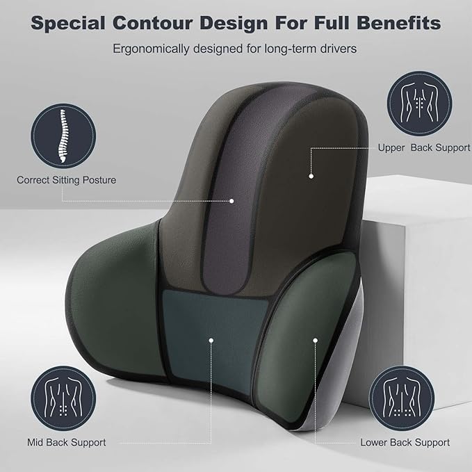Lumbar Support for Car - Back Cushion for Driving Seat Lower Back Pain Relief - Memory Foam Lumbar Pillow for Car/Office Chair - Ergonomic Streamline Soft Washable Cover-Black&Grey