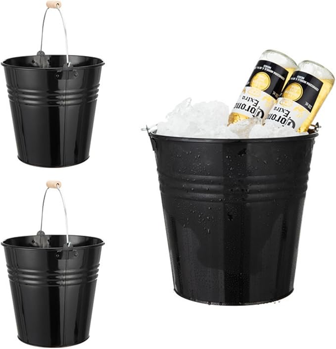 3PCS 5-Quart Galvanized Pail Ice Buckets Metal Beer Bucket Beverage Tubs for Parties (Black)